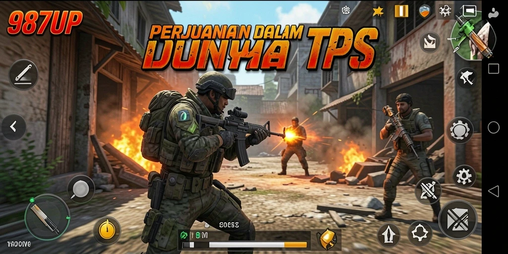 Screenshot utama 987UP menampilkan aksi pertempuran intens dalam game TPS.