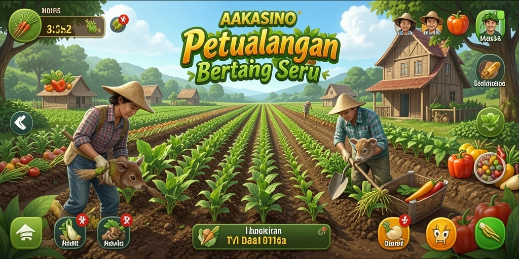 Screenshot AAKASINO menampilkan pemain yang sedang berinteraksi dengan ladang dan hewan.