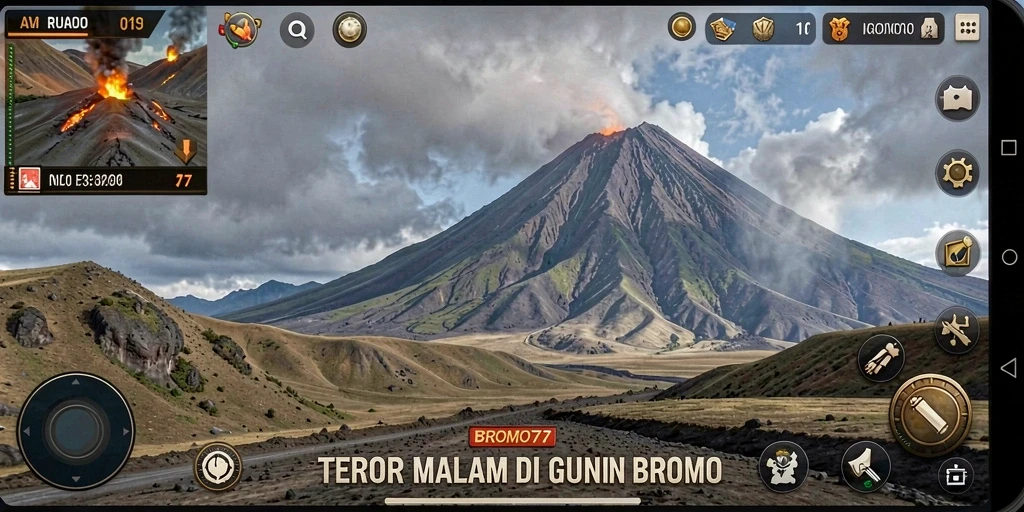 Screenshot BROMO77 menampilkan suasana mencekam di Gunung Bromo.