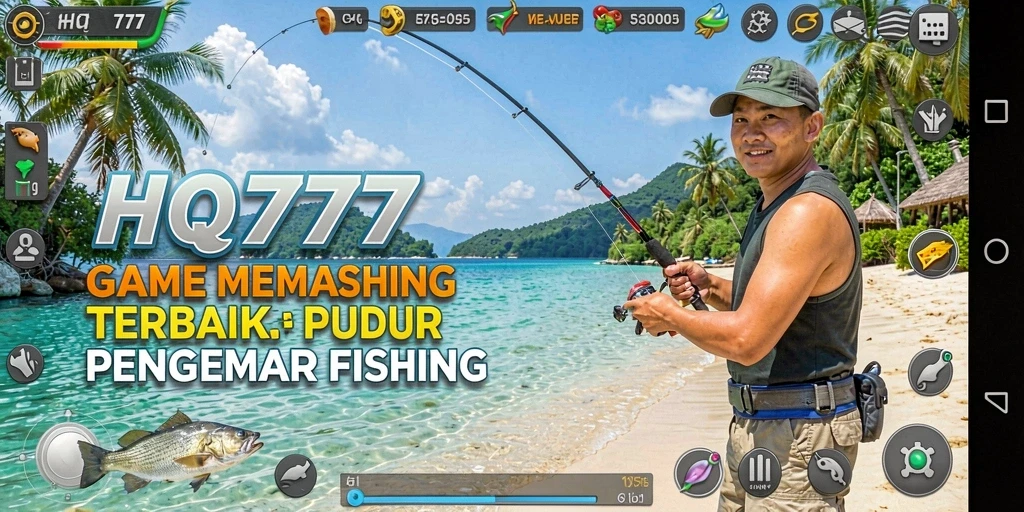 Screenshot gameplay HQ777 menampilkan aksi seru memancing di perairan indah.