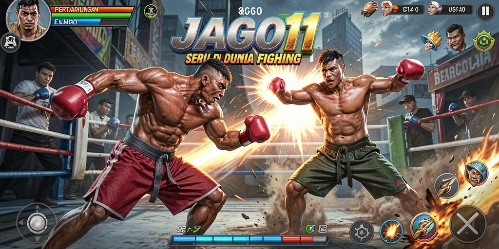 Screenshot utama JAGO11 menampilkan momen pertarungan yang mendebarkan antara dua karakter.