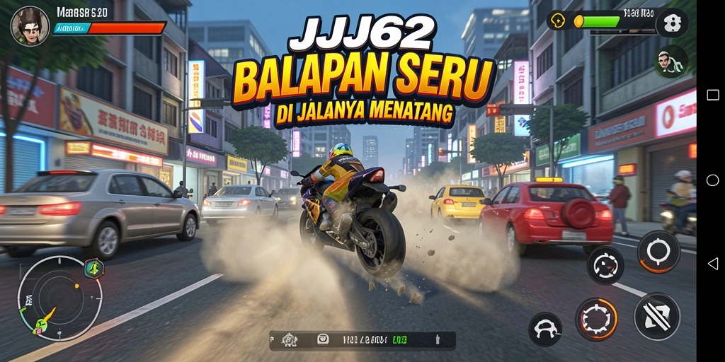 Screenshot gameplay <strong>JJ62</strong> dengan aksi balapan yang mendebarkan.
