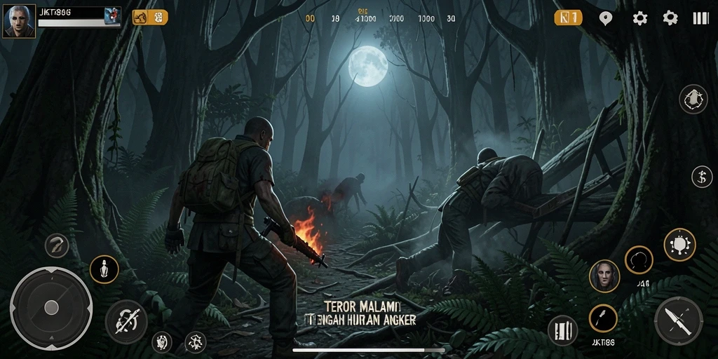 Tangkapan layar menampilkan karakter menghadapi hantu di hutan angker.