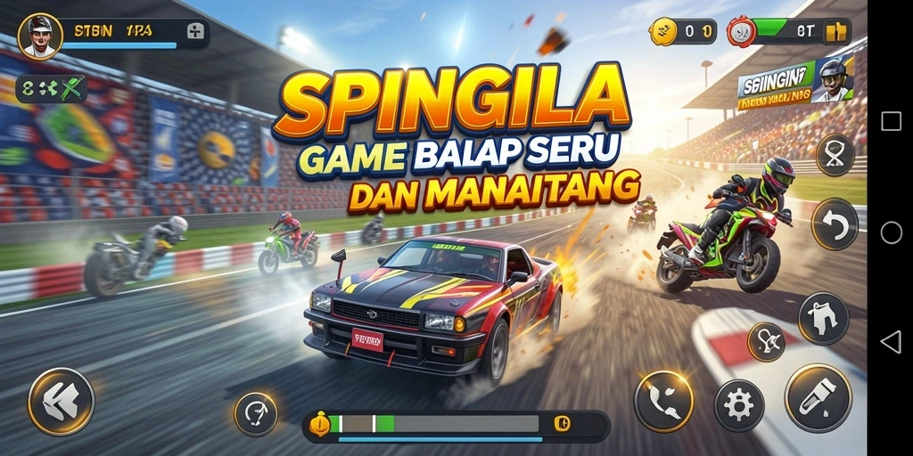 Screenshot gameplay SPINGILA menunjukkan aksi balapan yang mendebarkan.