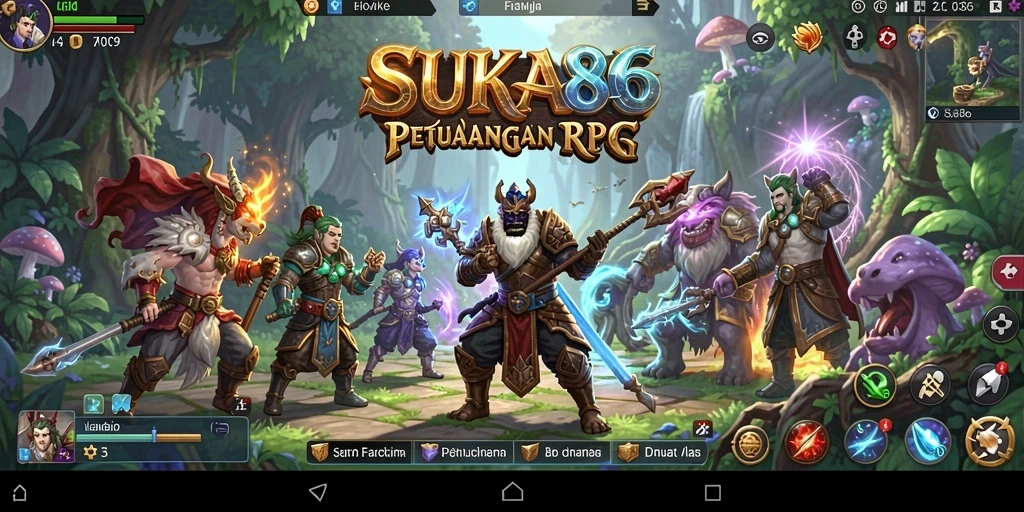 Tampilan gameplay RPG eksplorasi dan pertempuran yang mendebarkan di SUKA86.